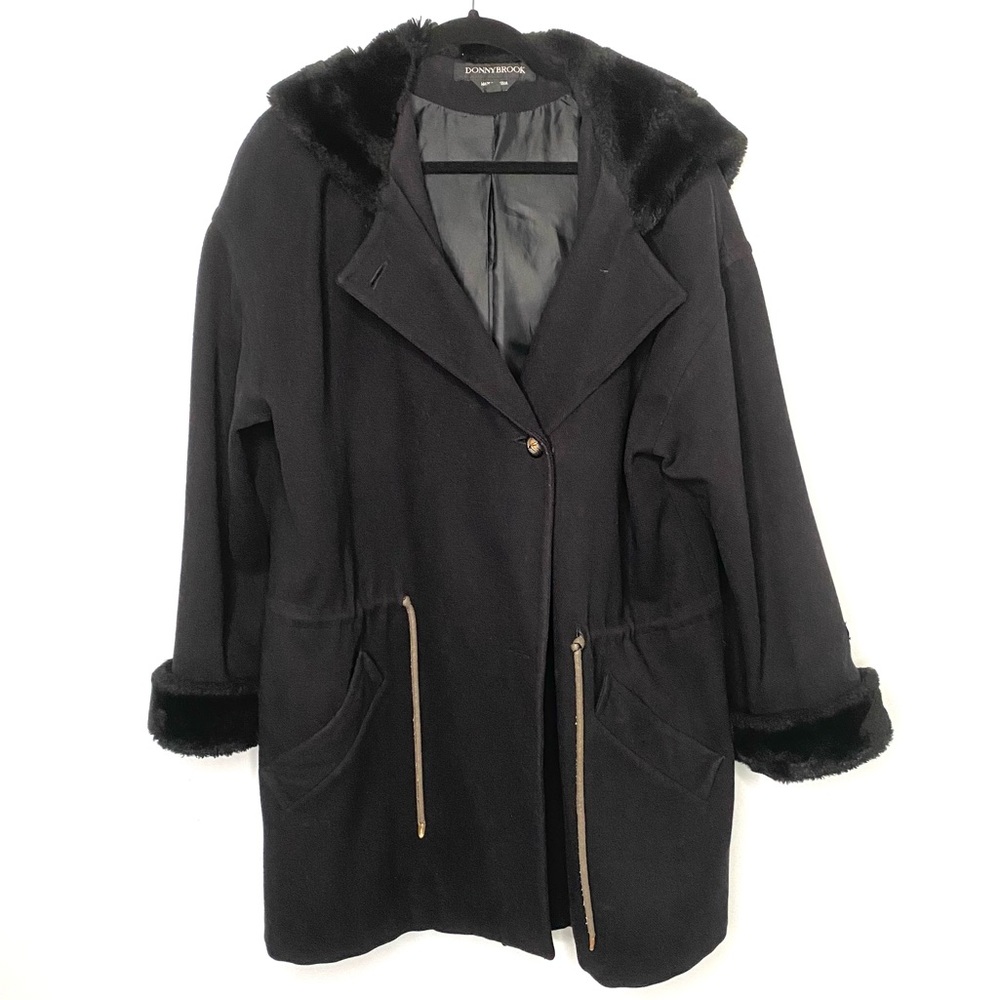 Vintage Donny Brook Black 100% Wool Jacket Coat Size 12 Mid Length Fur Hoodie